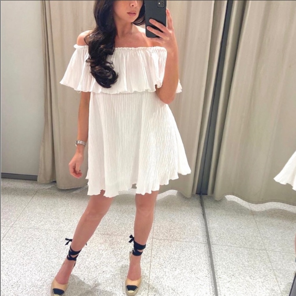 Zara white pleated off the shoulder dress